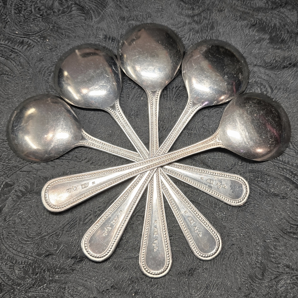 Vintage 30 ABC Kyle Silverplate Soup Spoons Set of 5 Seidenbach's Felt Wrap - Picture 6 of 14